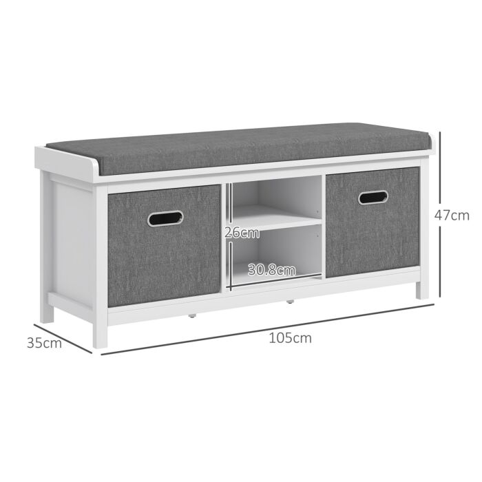Homcom Shoe Bench With Seat, Shoe Storage Bench With Cushion, 2 Drawers And Adjustable Shelf, White