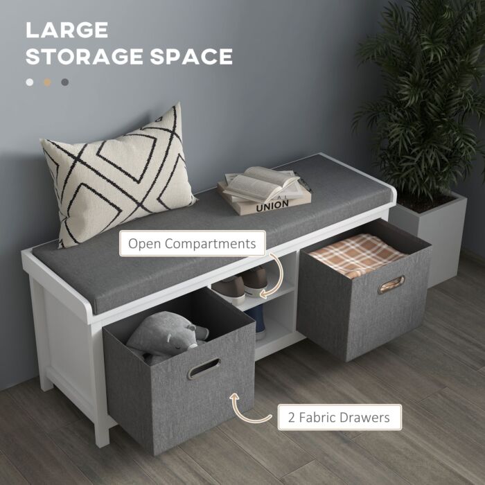 Homcom Shoe Bench With Seat, Shoe Storage Bench With Cushion, 2 Drawers And Adjustable Shelf, White