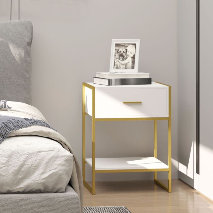 Homcom Modern Bedside Table, Bedside Cabinet With Drawer Shelf, Storage Organizer, White And Gold