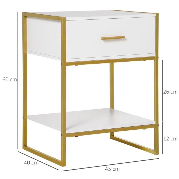 Homcom Modern Bedside Table, Bedside Cabinet With Drawer Shelf, Storage Organizer, White And Gold