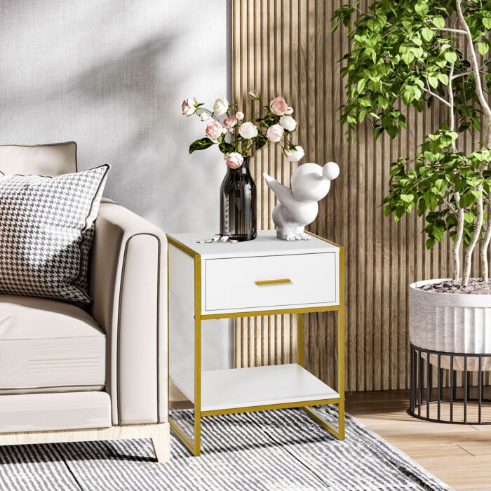 Homcom Modern Bedside Table, Bedside Cabinet With Drawer Shelf, Storage Organizer, White And Gold
