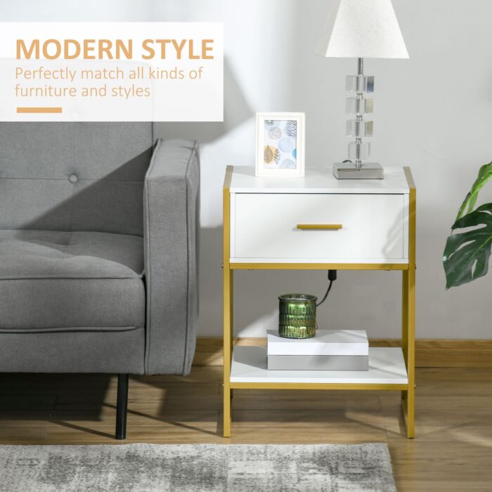 Homcom Modern Bedside Table, Bedside Cabinet With Drawer Shelf, Storage Organizer, White And Gold