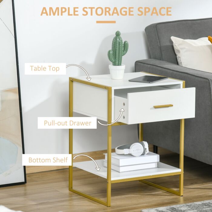 Homcom Modern Bedside Table, Bedside Cabinet With Drawer Shelf, Storage Organizer, White And Gold