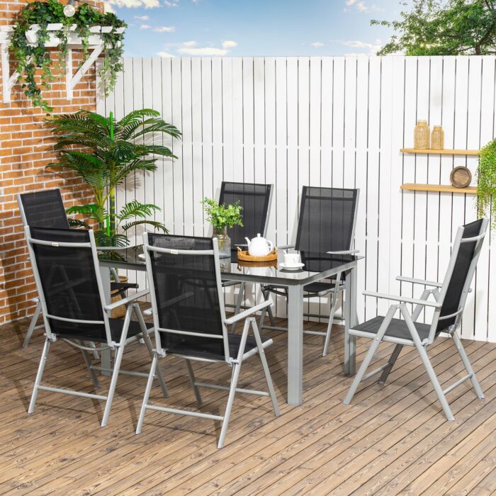 Outsunny 7 Piece Garden Dining Set, Outdoor Table And 6 Folding And Reclining Chairs, Aluminium Frame, Tempered Glass Top Table Texteline Seats Black