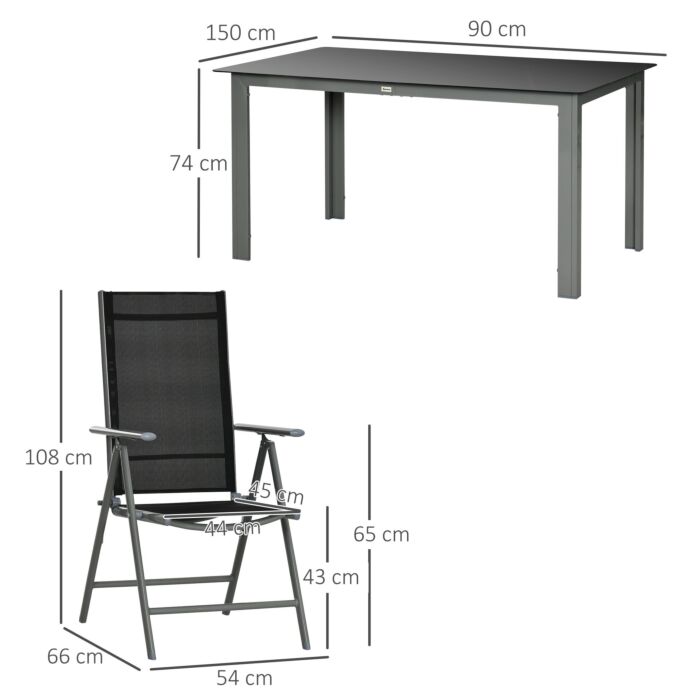 Outsunny 7 Piece Garden Dining Set, Outdoor Table And 6 Folding And Reclining Chairs, Aluminium Frame, Tempered Glass Top Table Texteline Seats Black
