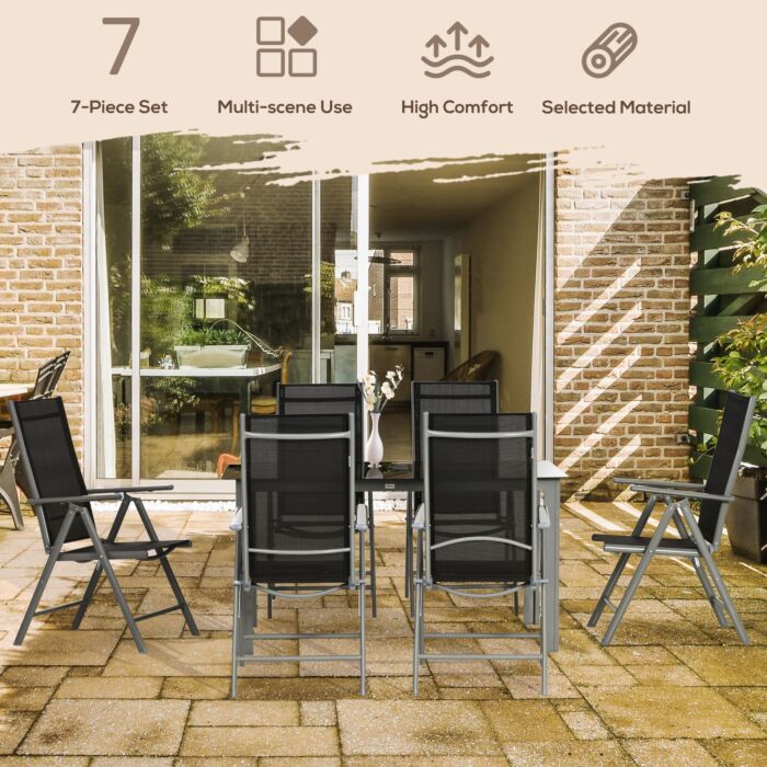 Outsunny 7 Piece Garden Dining Set, Outdoor Table And 6 Folding And Reclining Chairs, Aluminium Frame, Tempered Glass Top Table Texteline Seats Black