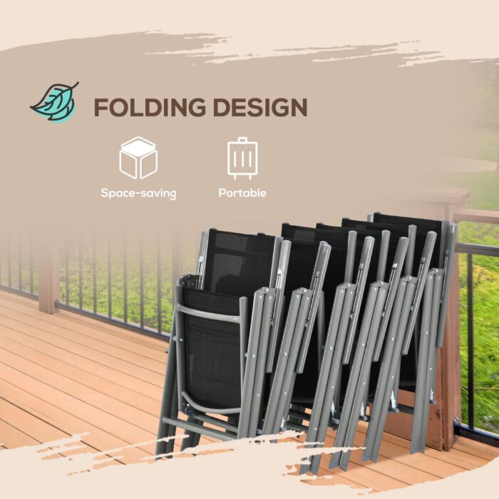 Outsunny 7 Piece Garden Dining Set, Outdoor Table And 6 Folding And Reclining Chairs, Aluminium Frame, Tempered Glass Top Table Texteline Seats Black