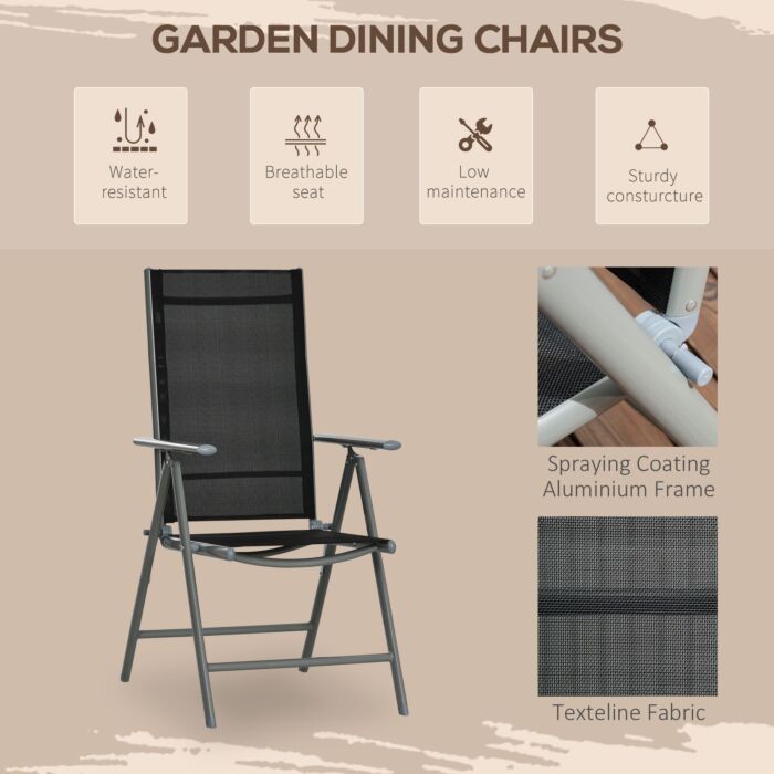 Outsunny 7 Piece Garden Dining Set, Outdoor Table And 6 Folding And Reclining Chairs, Aluminium Frame, Tempered Glass Top Table Texteline Seats Black
