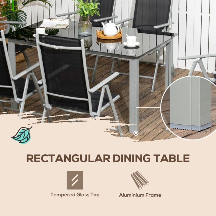 Outsunny 7 Piece Garden Dining Set, Outdoor Table And 6 Folding And Reclining Chairs, Aluminium Frame, Tempered Glass Top Table Texteline Seats Black