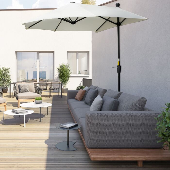 Outsunny 2m Half Parasol Market Umbrella Garden Balcony Parasol With Crank Handle, Cross Base, Double-sided Canopy, Cream White