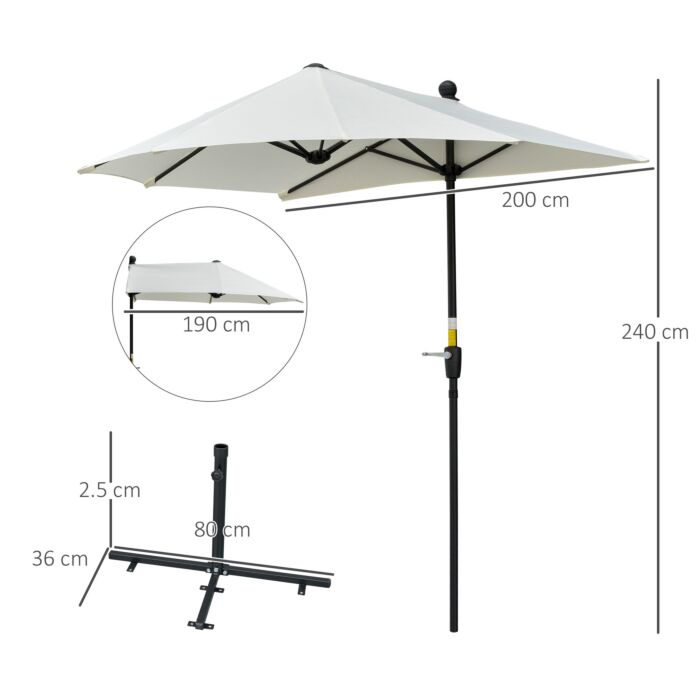 Outsunny 2m Half Parasol Market Umbrella Garden Balcony Parasol With Crank Handle, Cross Base, Double-sided Canopy, Cream White