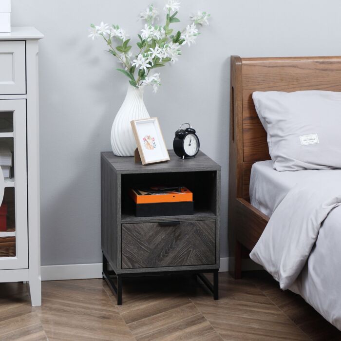 Homcom Bedside Table With Drawer And Shelf, Side End Table With Steel Legs, Dark Grey