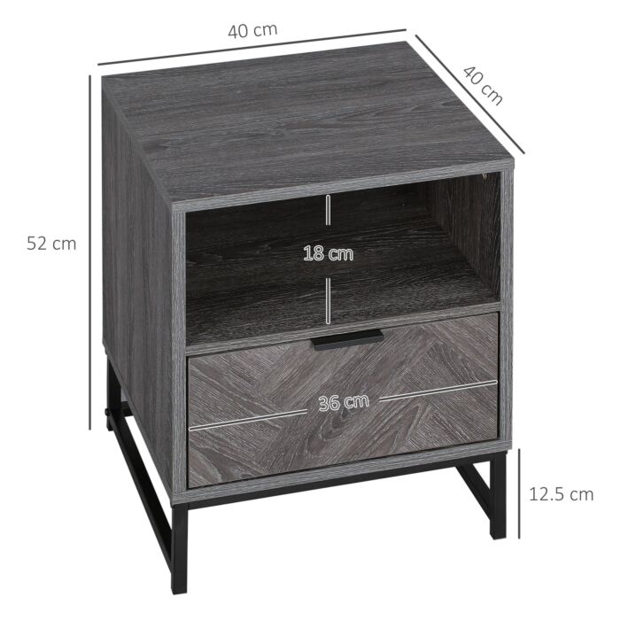 Homcom Bedside Table With Drawer And Shelf, Side End Table With Steel Legs, Dark Grey