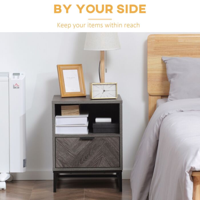Homcom Bedside Table With Drawer And Shelf, Side End Table With Steel Legs, Dark Grey