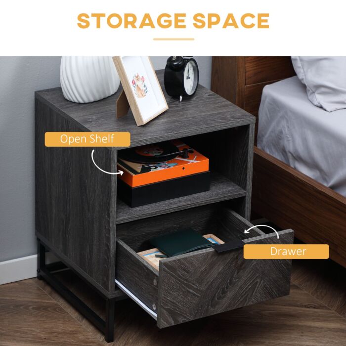 Homcom Bedside Table With Drawer And Shelf, Side End Table With Steel Legs, Dark Grey