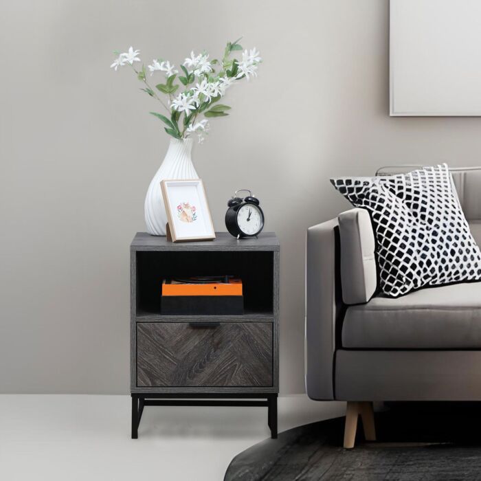 Homcom Bedside Table With Drawer And Shelf, Side End Table With Steel Legs, Dark Grey