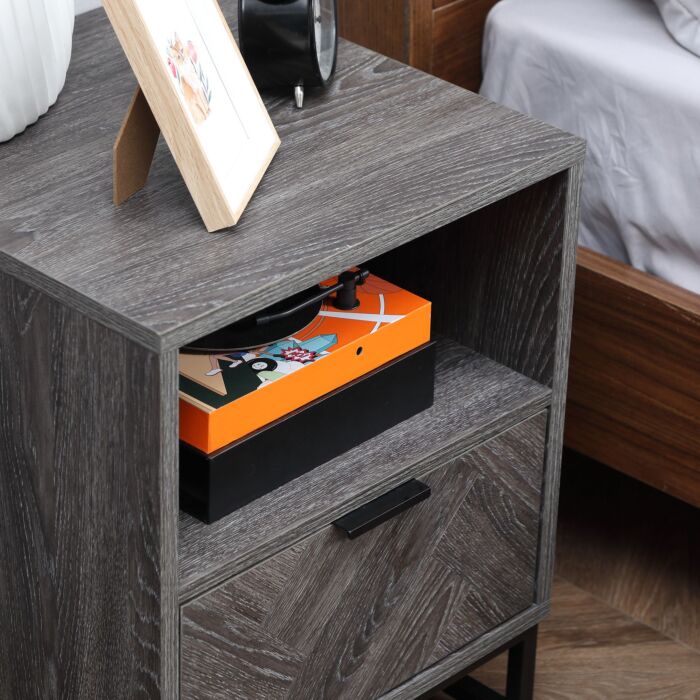 Homcom Bedside Table With Drawer And Shelf, Side End Table With Steel Legs, Dark Grey