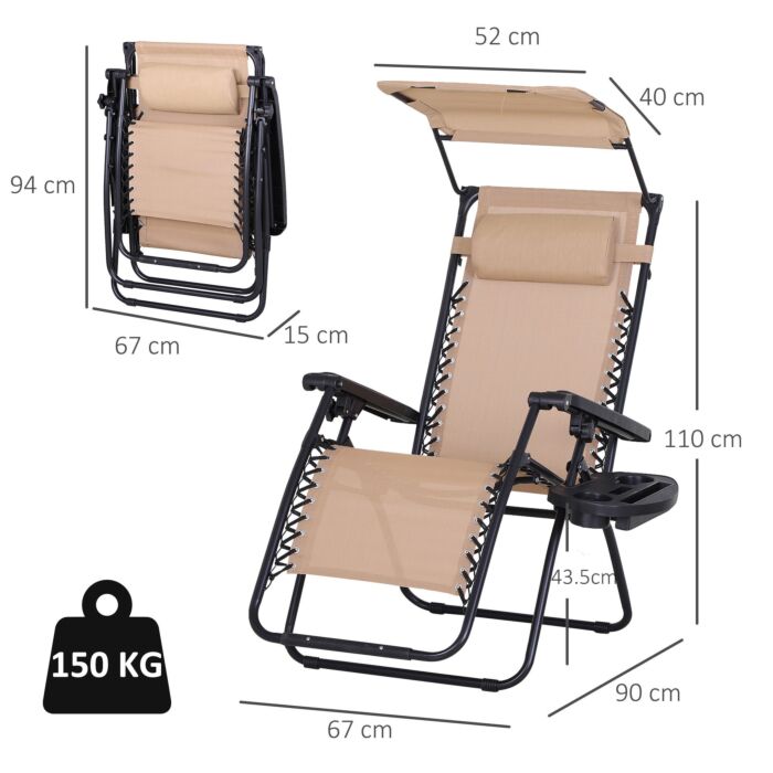 Outsunny 2 Piece Foldable Reclining Garden Chairs With Headrest, Zero Gravity Deck Sun Loungers Seat Chair With Footrest, Armrest, Cup Holder & Canopy Shade, Beige