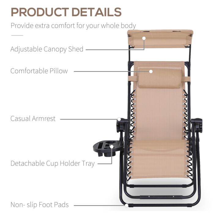 Outsunny 2 Piece Foldable Reclining Garden Chairs With Headrest, Zero Gravity Deck Sun Loungers Seat Chair With Footrest, Armrest, Cup Holder & Canopy Shade, Beige