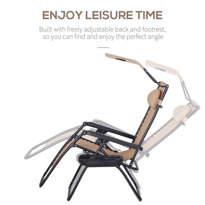 Outsunny 2 Piece Foldable Reclining Garden Chairs With Headrest, Zero Gravity Deck Sun Loungers Seat Chair With Footrest, Armrest, Cup Holder & Canopy Shade, Beige
