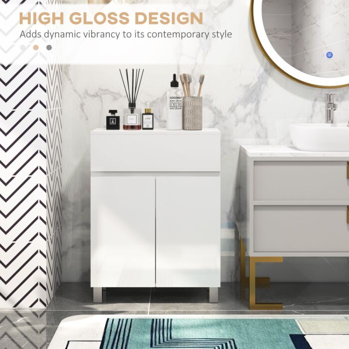 Kleankin High Gloss Bathroom Cabinet, Freestanding Storage Cupboard Storage, Bathroom Storage Unit With Drawer And Adjustable Shelf, White
