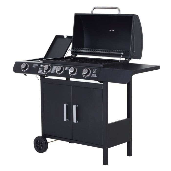 Outsunny 4+1 Gas Burner Grill Bbq Trolley Backyard Garden Smoker Side Burner Barbecue W/ Storage Side Table Wheels