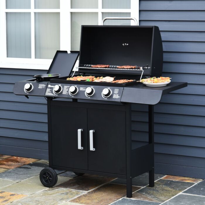 Outsunny 4+1 Gas Burner Grill Bbq Trolley Backyard Garden Smoker Side Burner Barbecue W/ Storage Side Table Wheels