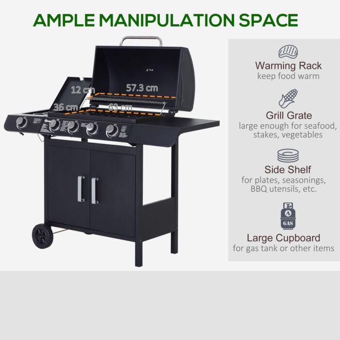 Outsunny 4+1 Gas Burner Grill Bbq Trolley Backyard Garden Smoker Side Burner Barbecue W/ Storage Side Table Wheels