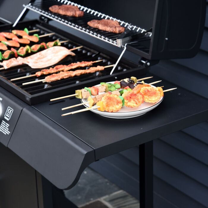 Outsunny 4+1 Gas Burner Grill Bbq Trolley Backyard Garden Smoker Side Burner Barbecue W/ Storage Side Table Wheels