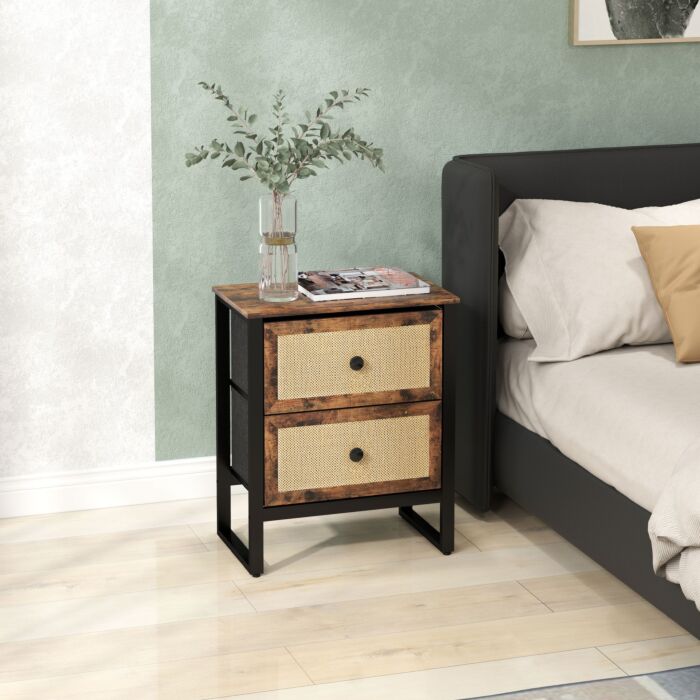 Homcom Bedside Table, Side Table With 2 Rattan Drawers, Bedside Cabinet With Storage And Steel Legs For Bedroom, Living Room, Rustic Brown