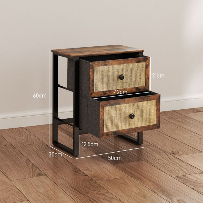 Homcom Bedside Table, Side Table With 2 Rattan Drawers, Bedside Cabinet With Storage And Steel Legs For Bedroom, Living Room, Rustic Brown