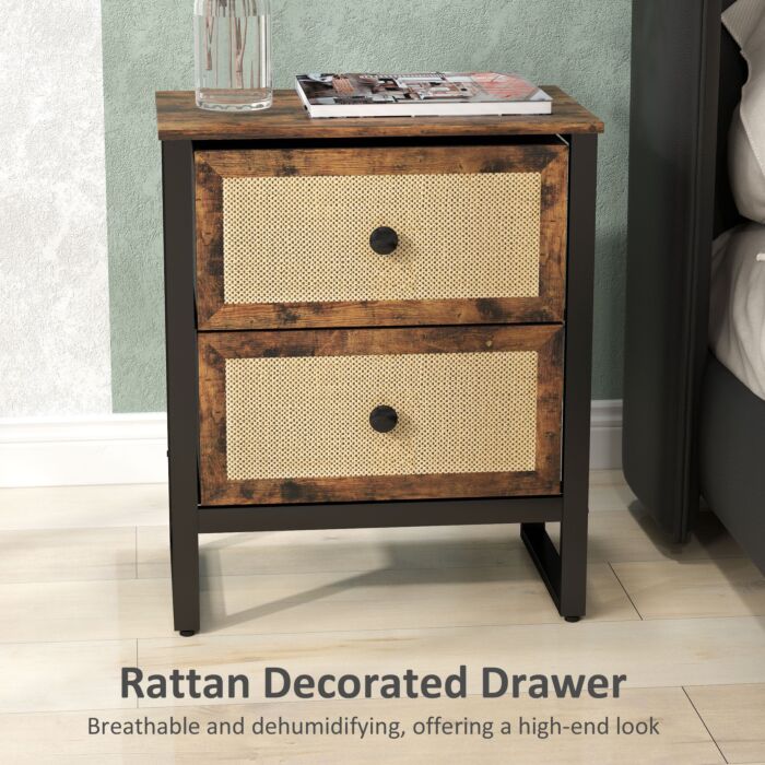 Homcom Bedside Table, Side Table With 2 Rattan Drawers, Bedside Cabinet With Storage And Steel Legs For Bedroom, Living Room, Rustic Brown