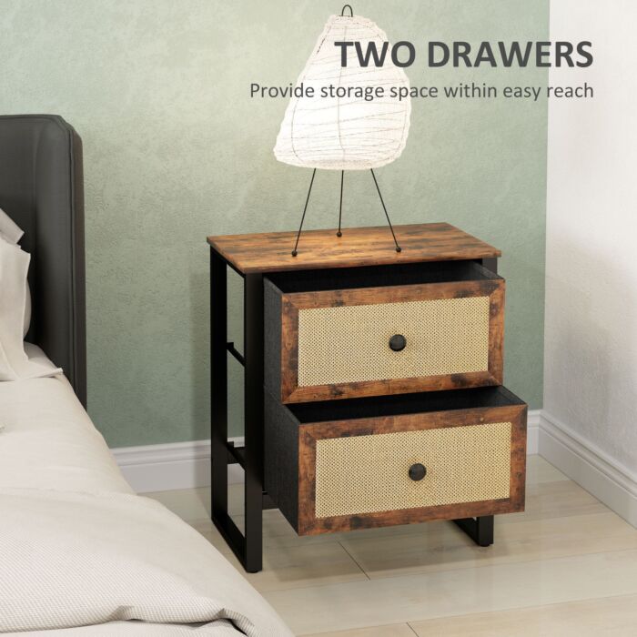 Homcom Bedside Table, Side Table With 2 Rattan Drawers, Bedside Cabinet With Storage And Steel Legs For Bedroom, Living Room, Rustic Brown