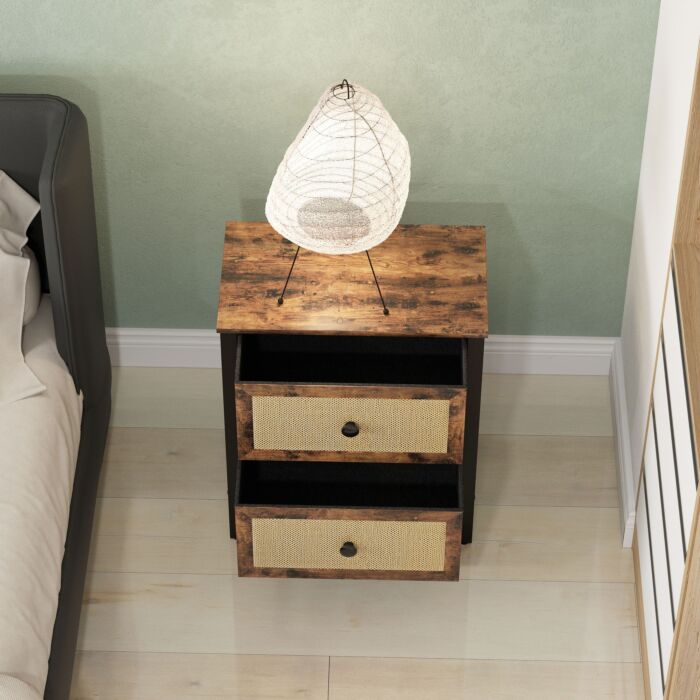 Homcom Bedside Table, Side Table With 2 Rattan Drawers, Bedside Cabinet With Storage And Steel Legs For Bedroom, Living Room, Rustic Brown