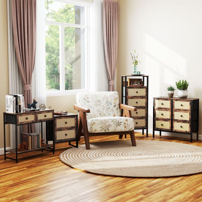 Homcom Bedside Table, Side Table With 2 Rattan Drawers, Bedside Cabinet With Storage And Steel Legs For Bedroom, Living Room, Rustic Brown