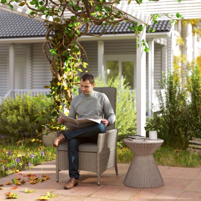 Outsunny Rattan Garden Recliner Chair, Wicker Reclining Armchair With Adjustable Backrest And Cushion, Outdoor Lounge Sun Lounger With Armrests For Patio Balcony Porch, Grey