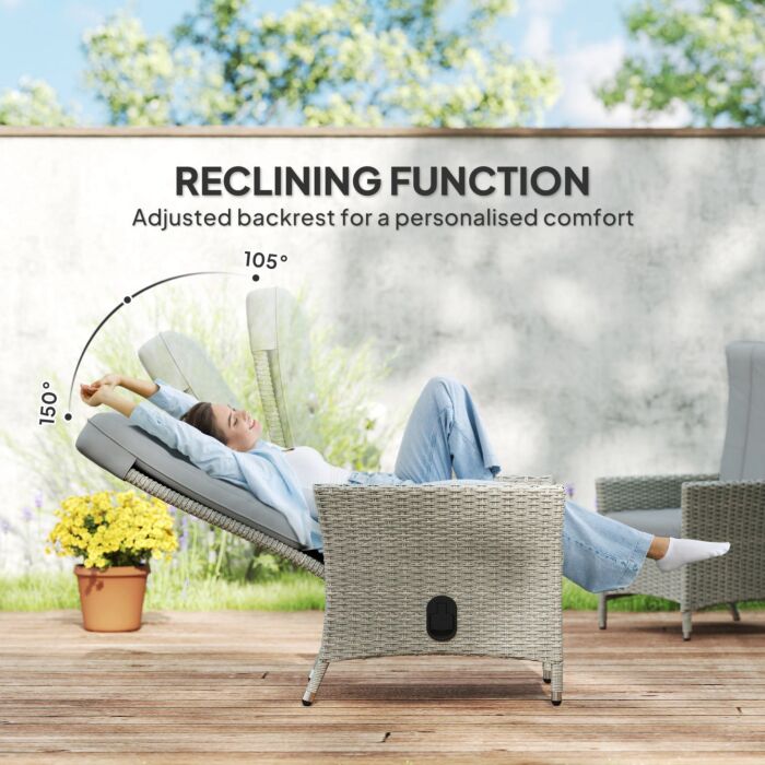 Outsunny Rattan Garden Recliner Chair, Wicker Reclining Armchair With Adjustable Backrest And Cushion, Outdoor Lounge Sun Lounger With Armrests For Patio Balcony Porch, Grey