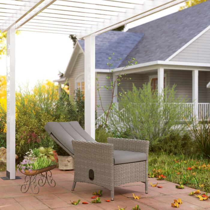 Outsunny Rattan Garden Recliner Chair, Wicker Reclining Armchair With Adjustable Backrest And Cushion, Outdoor Lounge Sun Lounger With Armrests For Patio Balcony Porch, Grey
