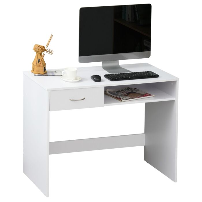 Homcom Computer Desk, Work Desk Table Study With Shelf Drawer, Study Table Storage Compartment, Writing Station Display Stylish Storage, White
