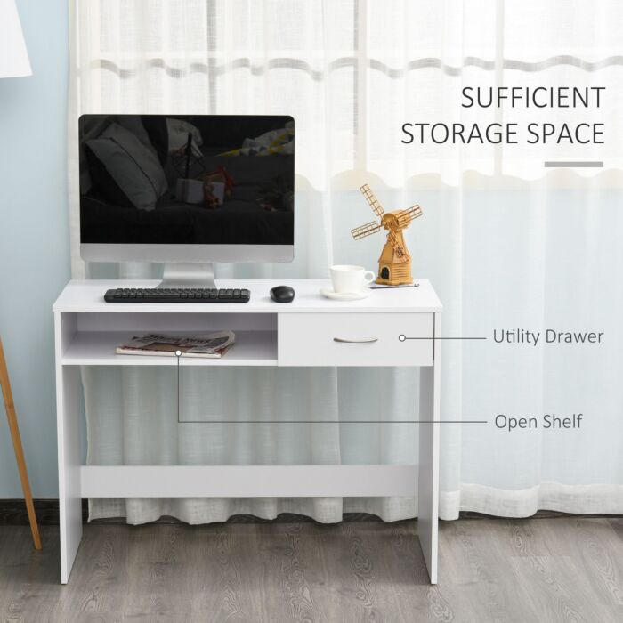 Homcom Computer Desk, Work Desk Table Study With Shelf Drawer, Study Table Storage Compartment, Writing Station Display Stylish Storage, White