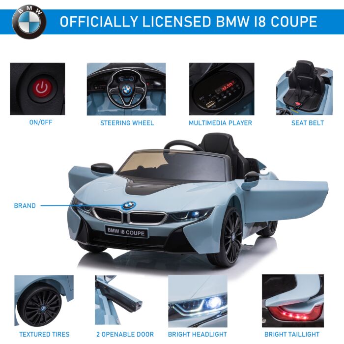 Homcom Bmw I8 Coupe Licensed 6v Ride On Car Toy With Remote Control, Powered Electric Car, Music, Horn, For 3-8 Years, Blue