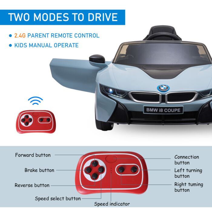 Homcom Bmw I8 Coupe Licensed 6v Ride On Car Toy With Remote Control, Powered Electric Car, Music, Horn, For 3-8 Years, Blue