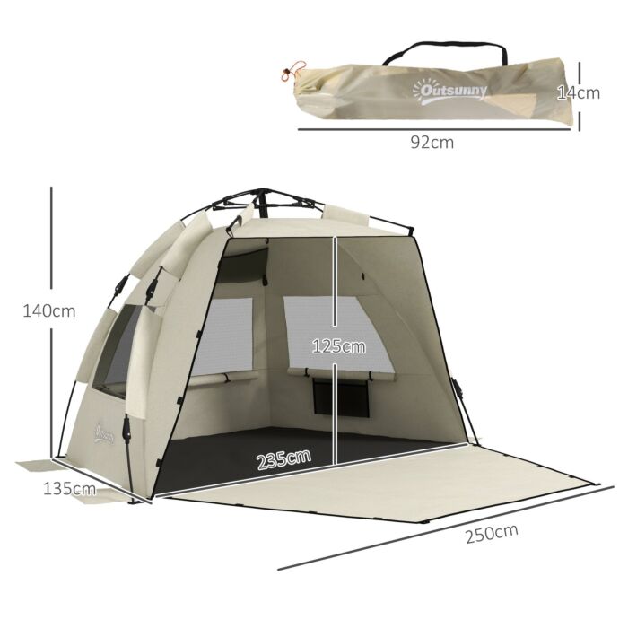 Outsunny 2-3 Person Pop Up Beach Tent, Upf15+ Sun Shelter With Extended Floor, Sandbags, Mesh Windows And Carry Bag, Khaki