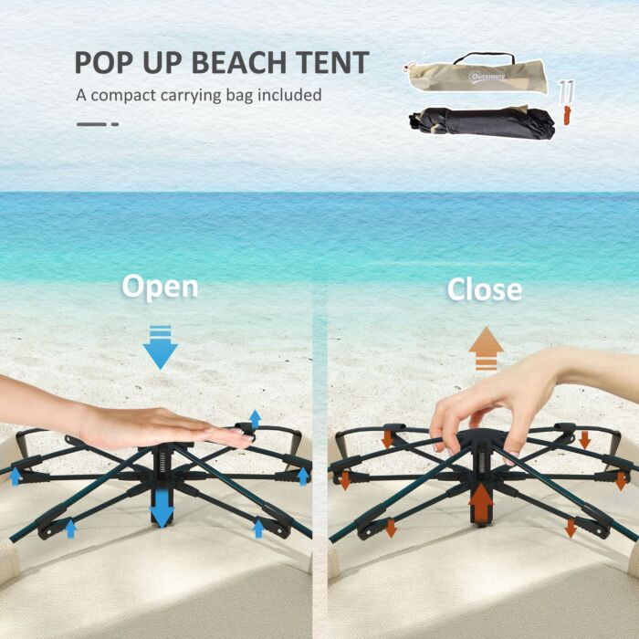 Outsunny 2-3 Person Pop Up Beach Tent, Upf15+ Sun Shelter With Extended Floor, Sandbags, Mesh Windows And Carry Bag, Khaki