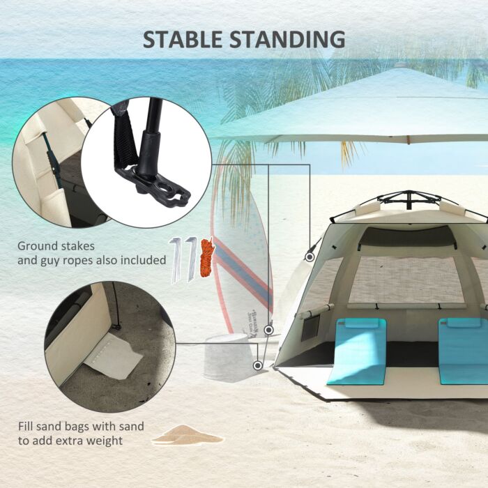 Outsunny 2-3 Person Pop Up Beach Tent, Upf15+ Sun Shelter With Extended Floor, Sandbags, Mesh Windows And Carry Bag, Khaki