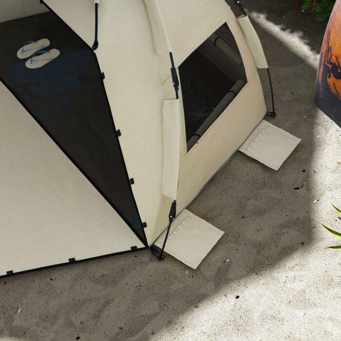 Outsunny 2-3 Person Pop Up Beach Tent, Upf15+ Sun Shelter With Extended Floor, Sandbags, Mesh Windows And Carry Bag, Khaki