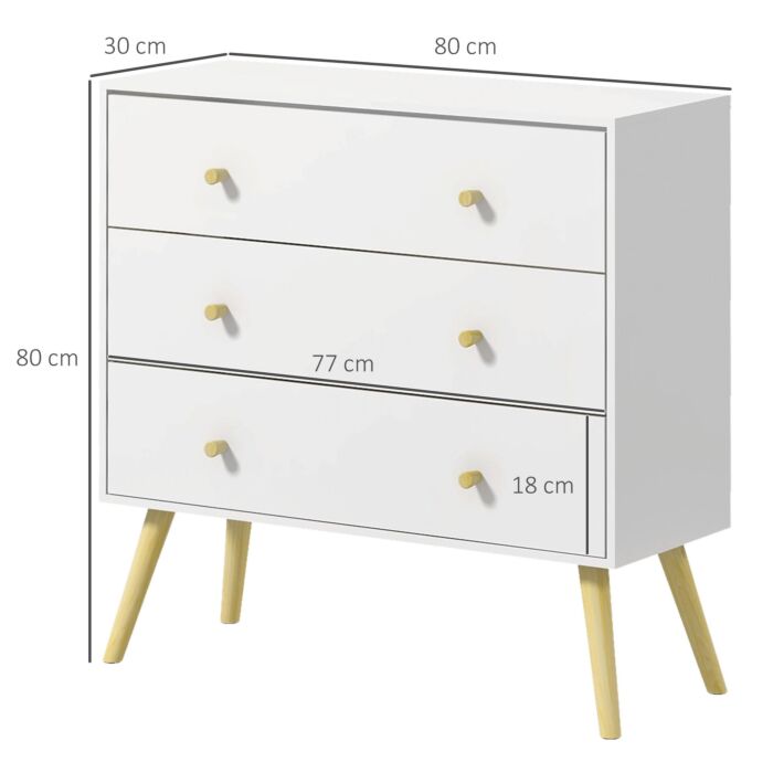 Homcom Chest Of Drawers, 3-drawer Storage Organiser Unit With Wood Legs, White