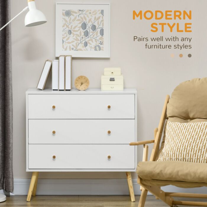 Homcom Chest Of Drawers, 3-drawer Storage Organiser Unit With Wood Legs, White