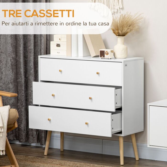 Homcom Chest Of Drawers, 3-drawer Storage Organiser Unit With Wood Legs, White