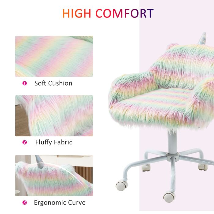 Vinsetto Unicorn Home Office Chair, Height Adjustable Fluffy Desk Chair With Armrests And Swivel Wheels, Colourful